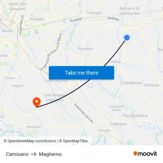Camisano to Magherno map