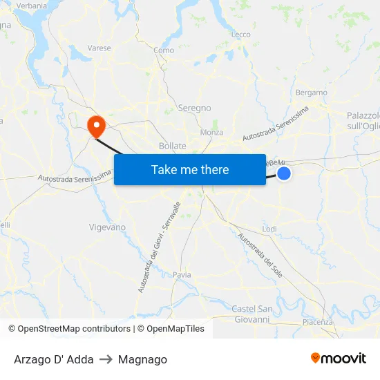 Arzago d'Adda to Magnago map