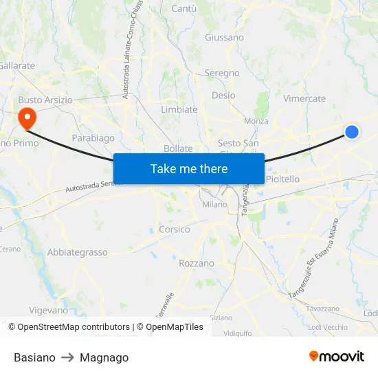 Basiano to Magnago map