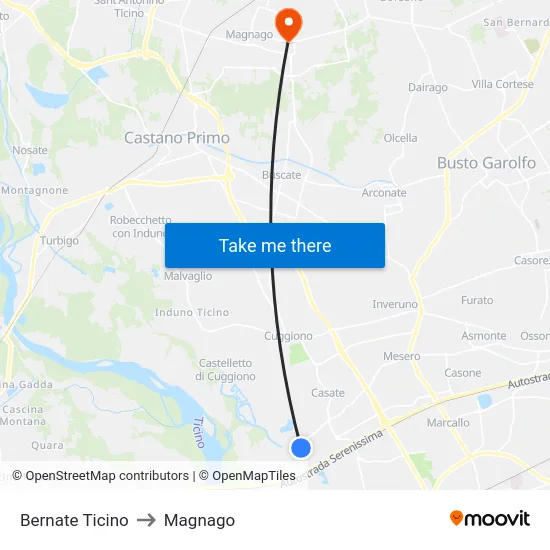 Bernate Ticino to Magnago map