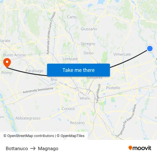 Bottanuco to Magnago map