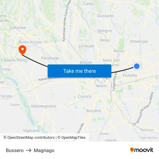 Bussero to Magnago map
