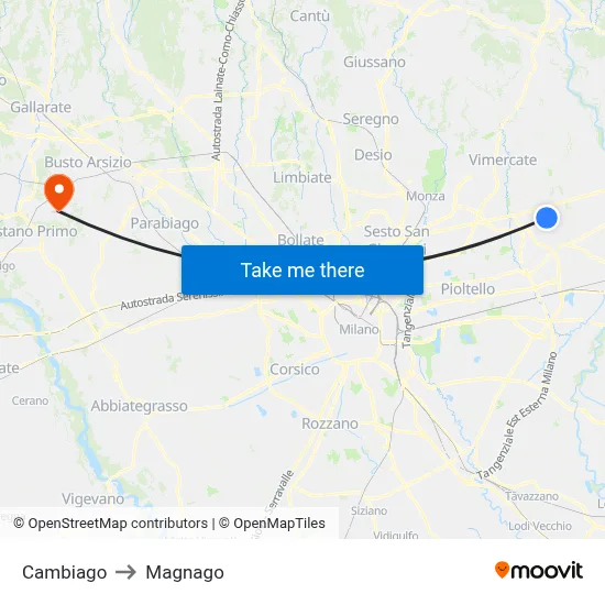 Cambiago to Magnago map