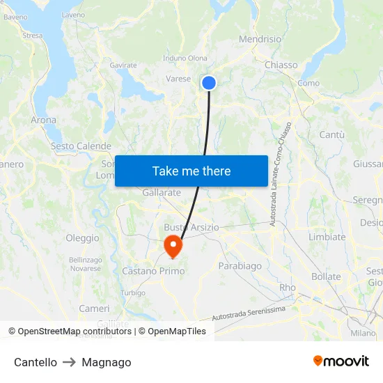Cantello to Magnago map