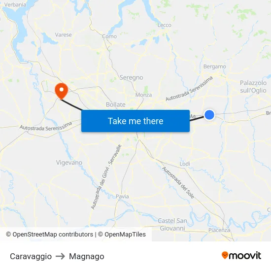 Caravaggio to Magnago map