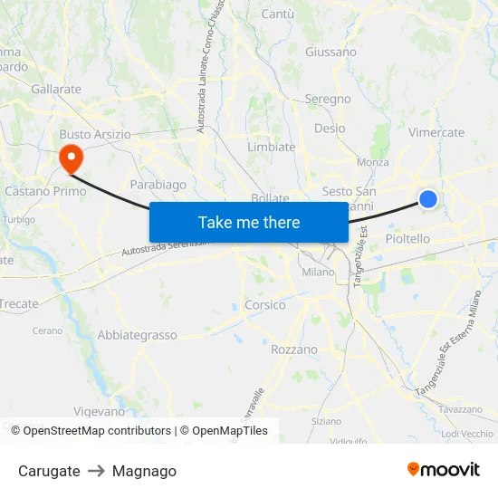 Carugate to Magnago map