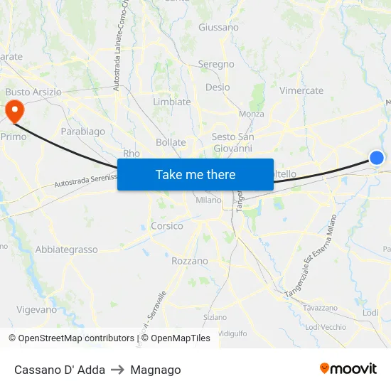 Cassano D' Adda to Magnago map