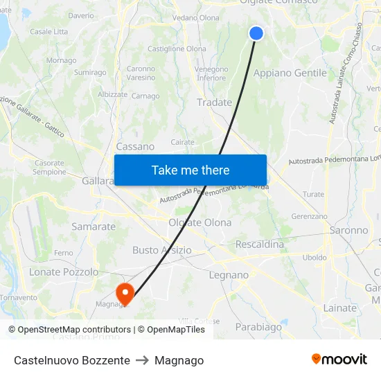 Castelnuovo Bozzente to Magnago map