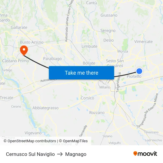 Cernusco Sul Naviglio to Magnago map