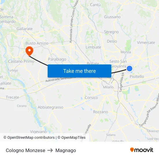Cologno Monzese to Magnago map