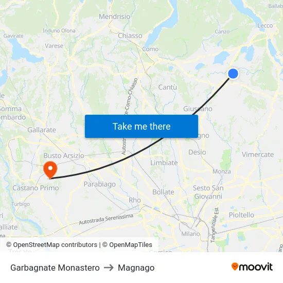 Garbagnate Monastero to Magnago map