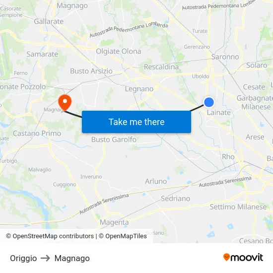 Origgio to Magnago map