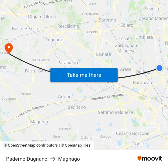 Paderno Dugnano to Magnago map