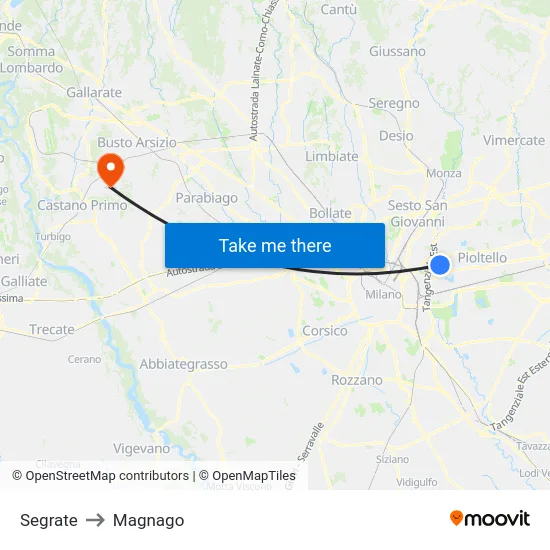 Segrate to Magnago map