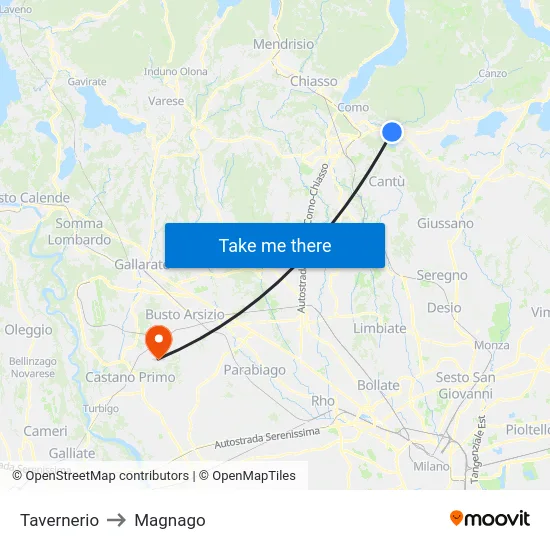 Tavernerio to Magnago map