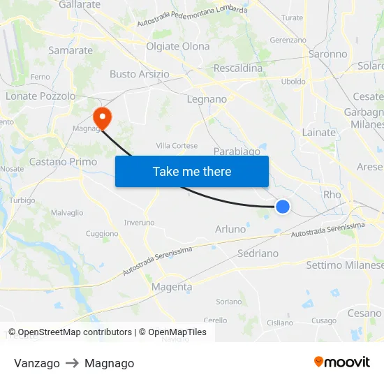 Vanzago to Magnago map