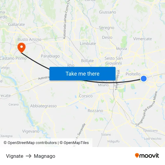 Vignate to Magnago map