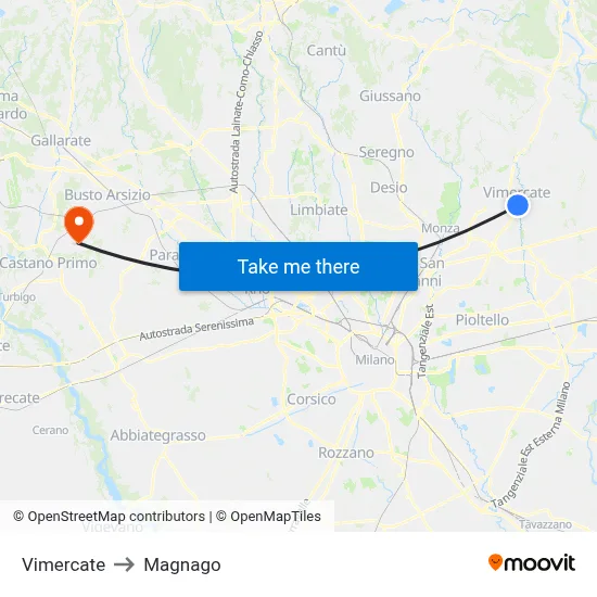 Vimercate to Magnago map