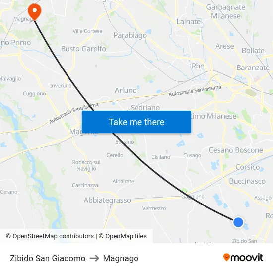 Zibido San Giacomo to Magnago map