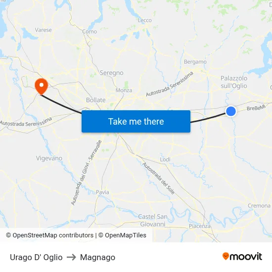 Urago D' Oglio to Magnago map