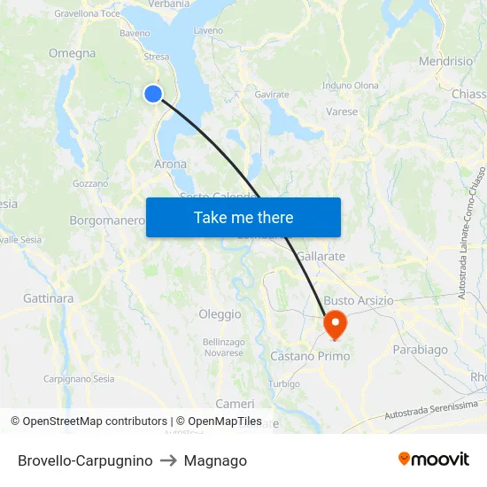 Brovello-Carpugnino to Magnago map
