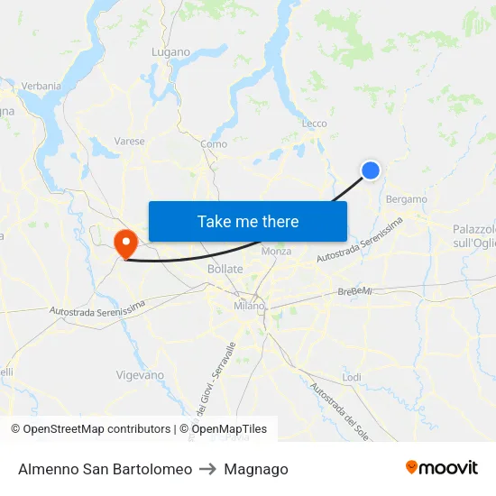 Almenno San Bartolomeo to Magnago map