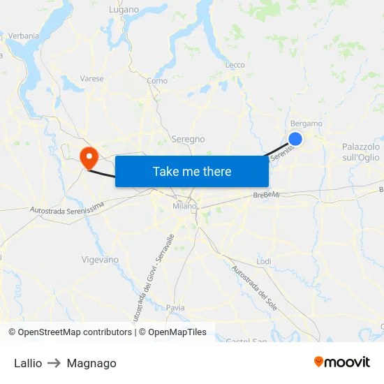 Lallio to Magnago map