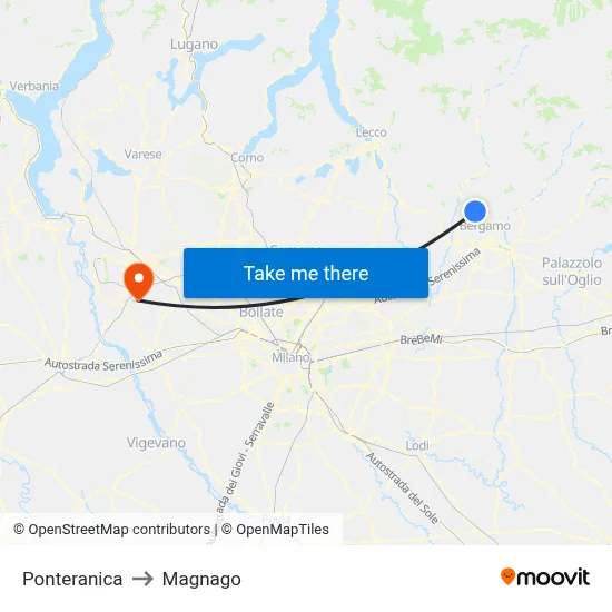 Ponteranica to Magnago map