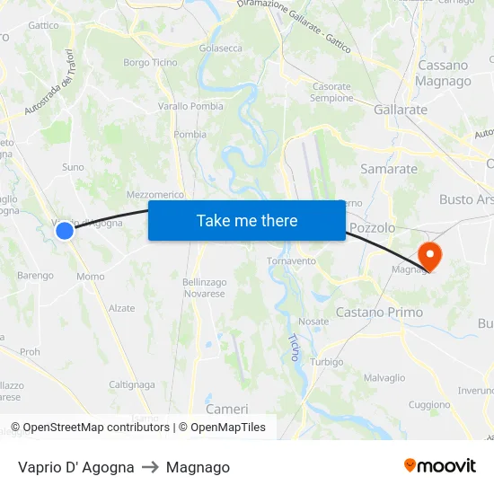 Vaprio D' Agogna to Magnago map