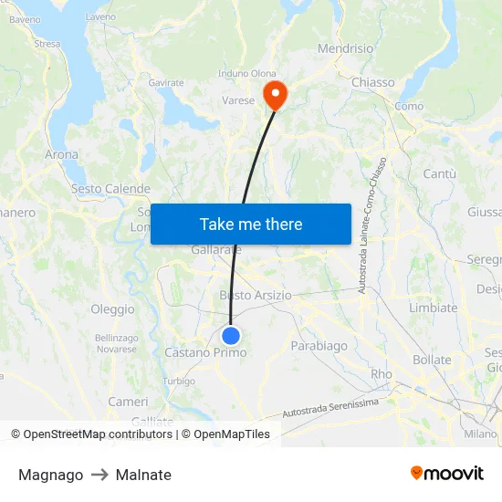 Magnago to Malnate map
