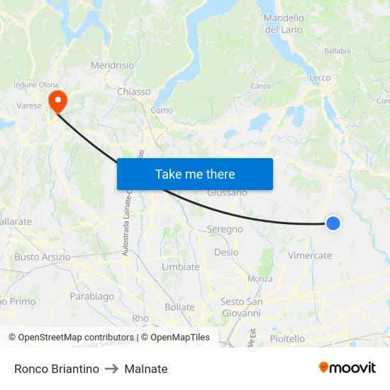 Ronco Briantino to Malnate map