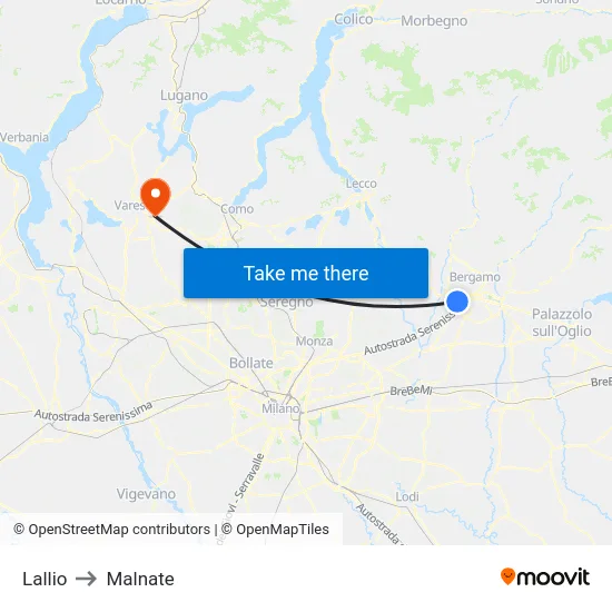 Lallio to Malnate map