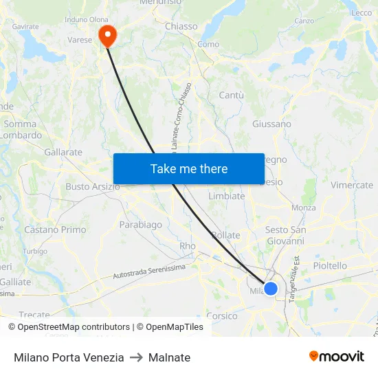 Milano Porta Venezia to Malnate map