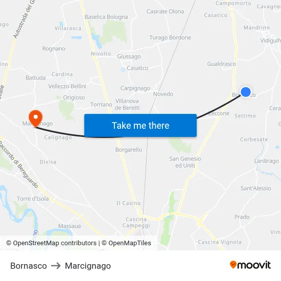 Bornasco to Marcignago map