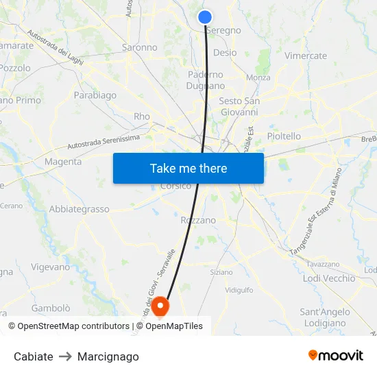 Cabiate to Marcignago map