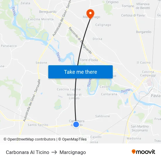 Carbonara Al Ticino to Marcignago map