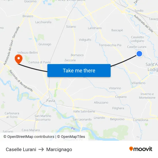 Caselle Lurani to Marcignago map