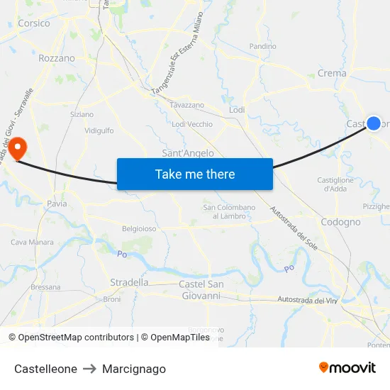 Castelleone to Marcignago map