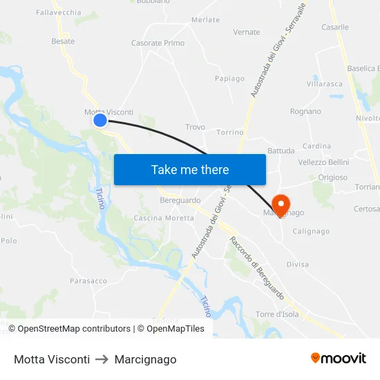 Motta Visconti to Marcignago map