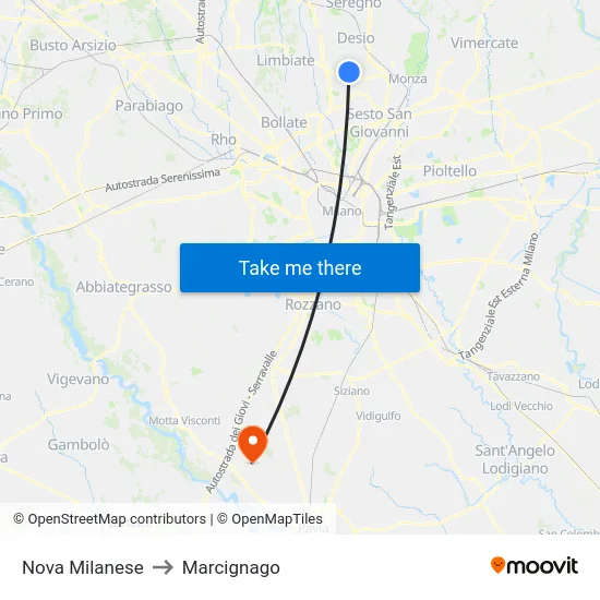 Nova Milanese to Marcignago map
