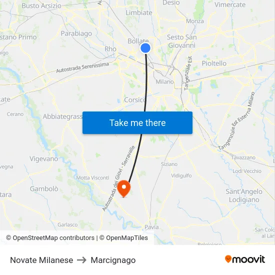 Novate Milanese to Marcignago map