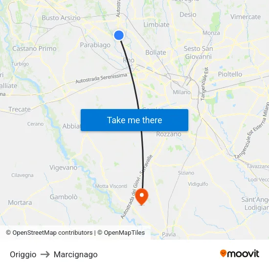 Origgio to Marcignago map