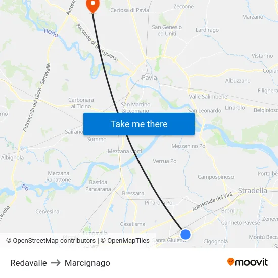Redavalle to Marcignago map