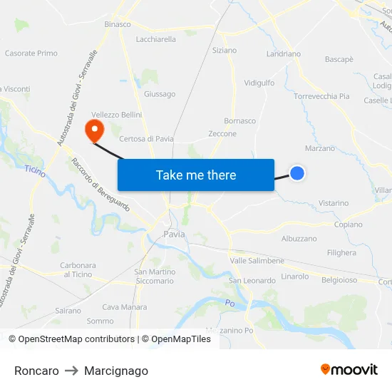 Roncaro to Marcignago map