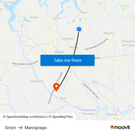 Sirtori to Marcignago map