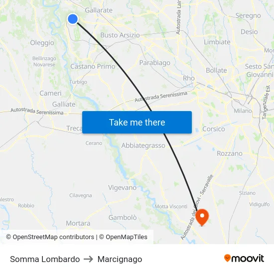 Somma Lombardo to Marcignago map