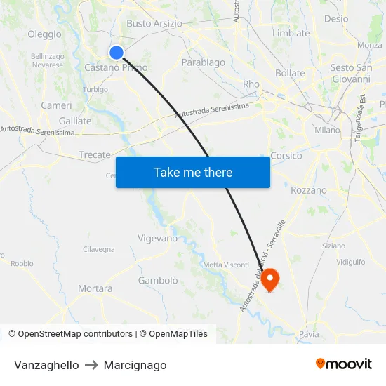 Vanzaghello to Marcignago map
