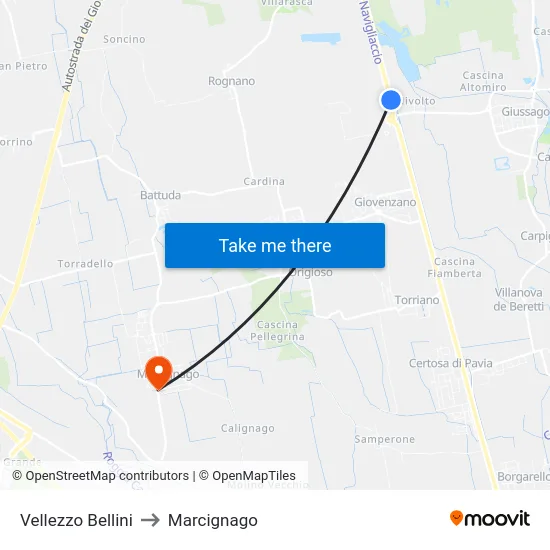 Vellezzo Bellini to Marcignago map