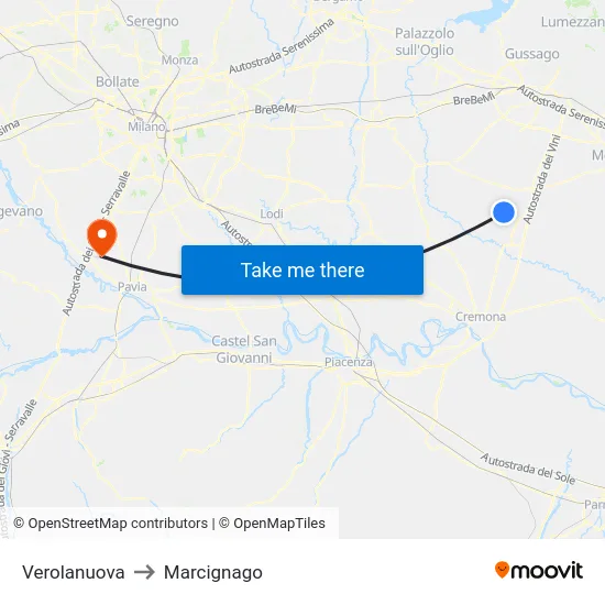 Verolanuova to Marcignago map