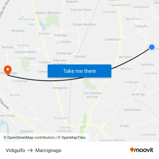 Vidigulfo to Marcignago map
